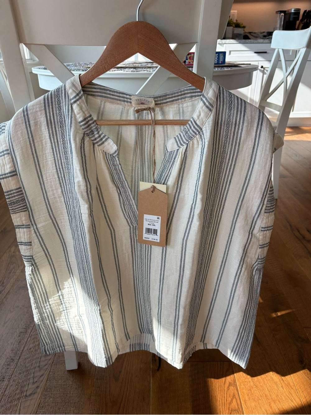 Faherty Cream and Gray Striped Short Sleeve Top-Linen